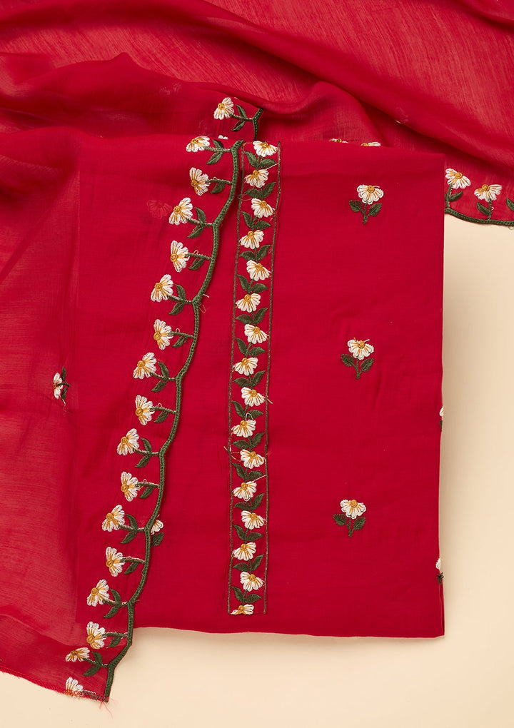 Red Threadwork Semi Crepe Unstitched Salwar Suit