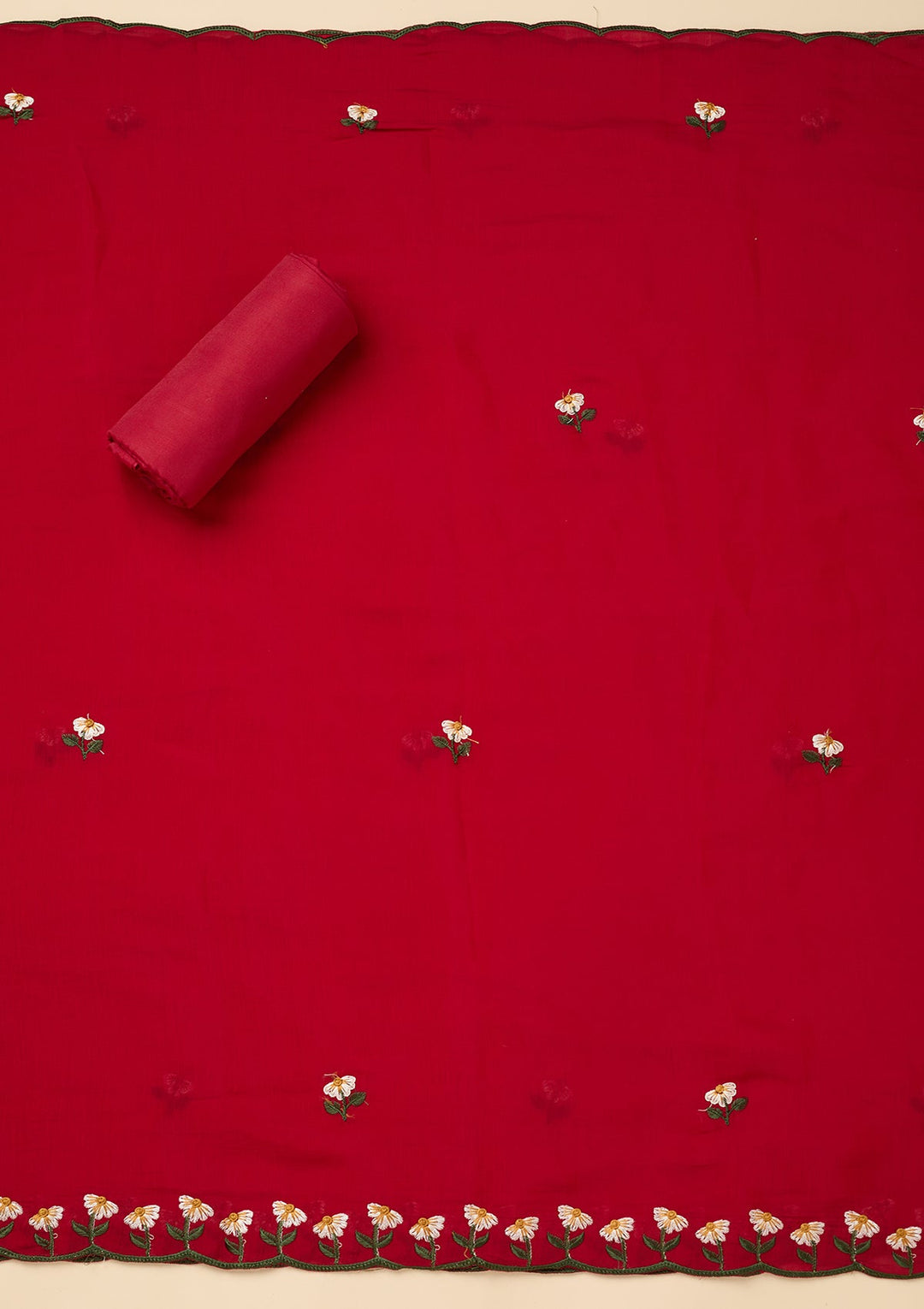 Red Threadwork Semi Crepe Unstitched Salwar Suit