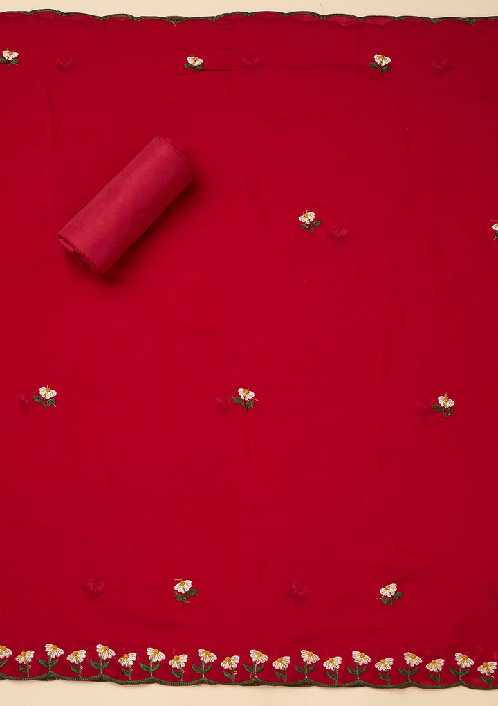 Red Threadwork Semi Crepe Unstitched Salwar Suit