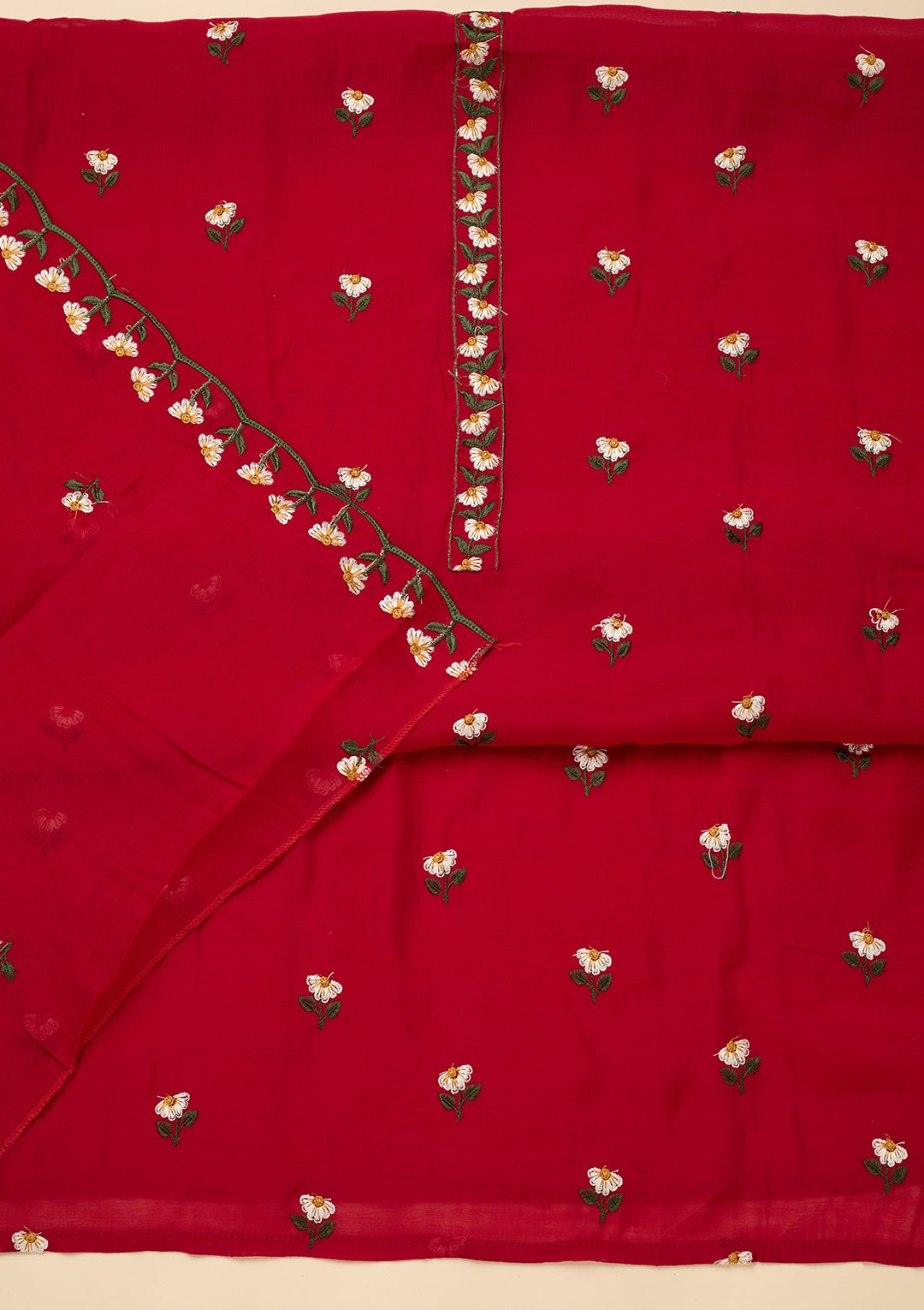 Red Threadwork Semi Crepe Unstitched Salwar Suit