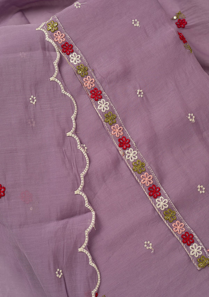 Lavender Chanderi Threadwork Unstitched Dress Material With Matching Bottom And Dupatta