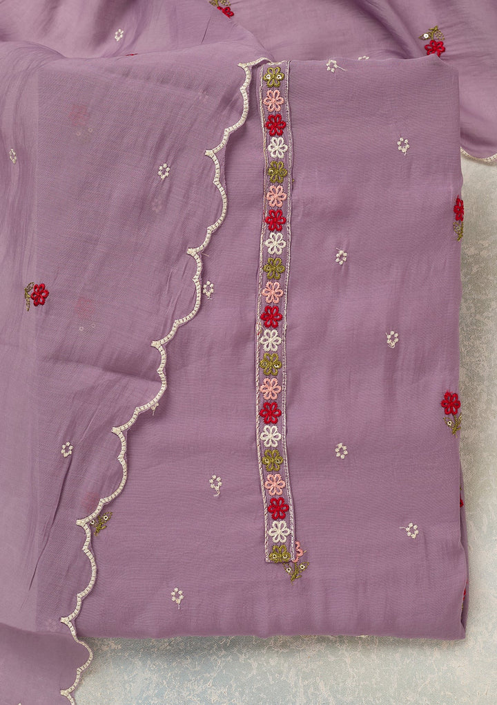Lavender Chanderi Threadwork Unstitched Dress Material With Matching Bottom And Dupatta