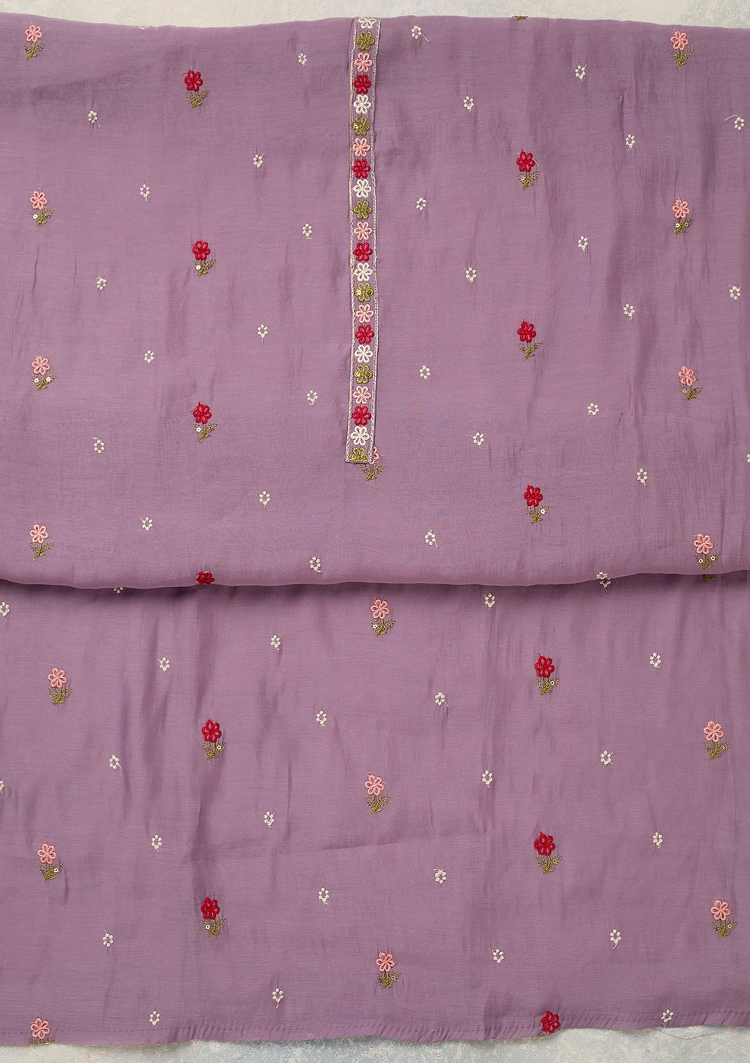 Lavender Chanderi Threadwork Unstitched Dress Material With Matching Bottom And Dupatta