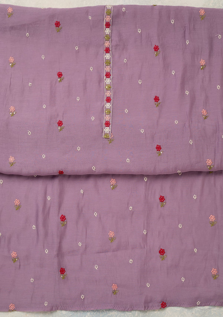 Lavender Chanderi Threadwork Unstitched Dress Material With Matching Bottom And Dupatta