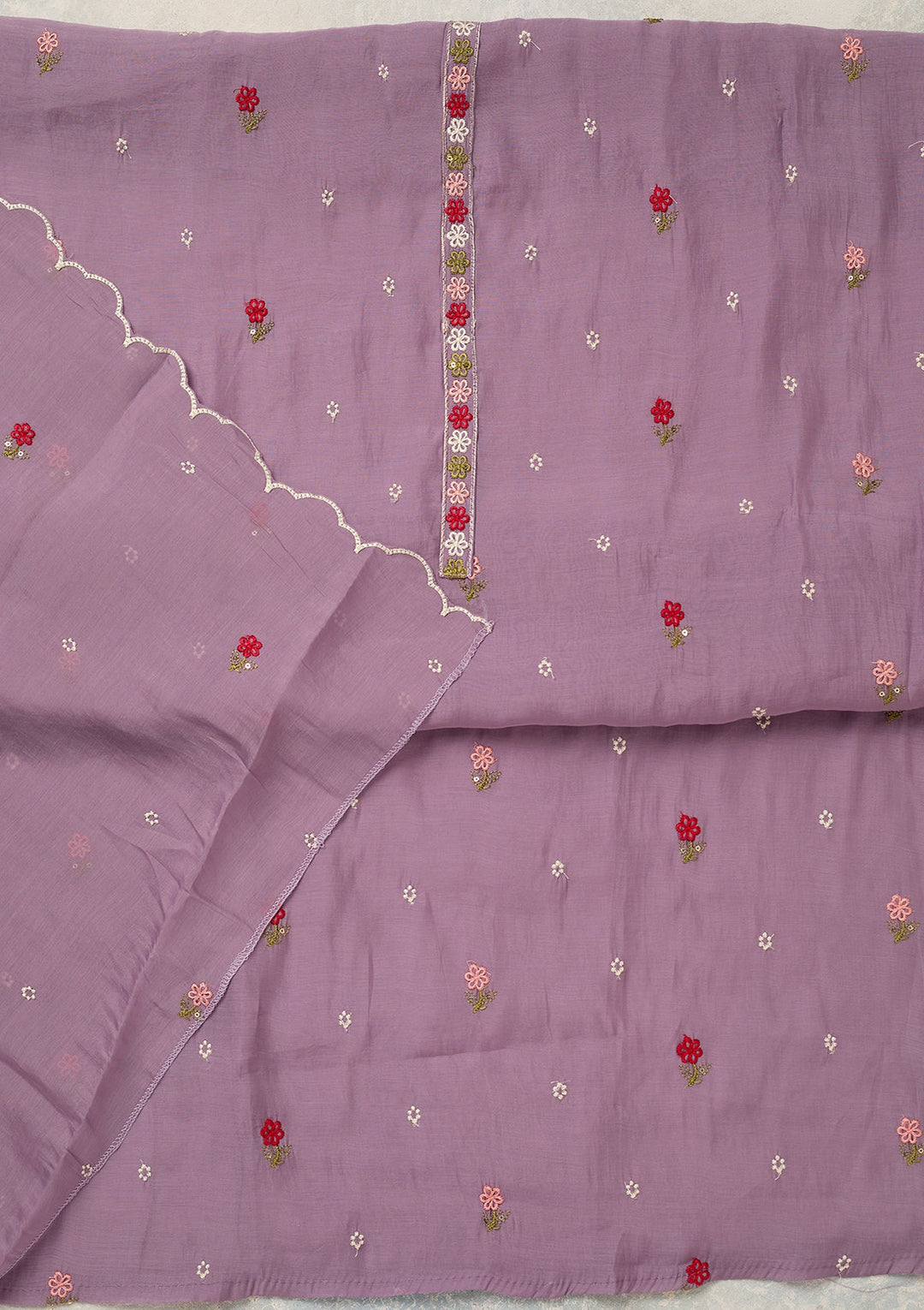 Lavender Chanderi Threadwork Unstitched Dress Material With Matching Bottom And Dupatta