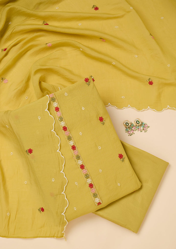 Lemon Yellow Chanderi Threadwork Unstitched Dress Material With Matching Bottom And Dupatta