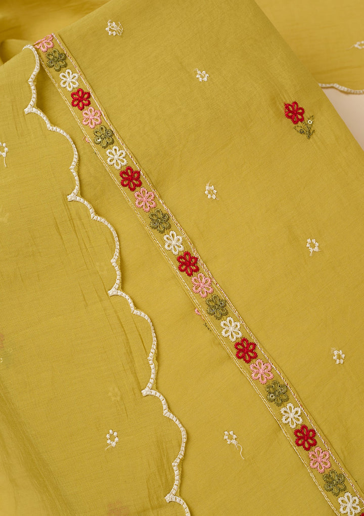 Lemon Yellow Chanderi Threadwork Unstitched Dress Material With Matching Bottom And Dupatta