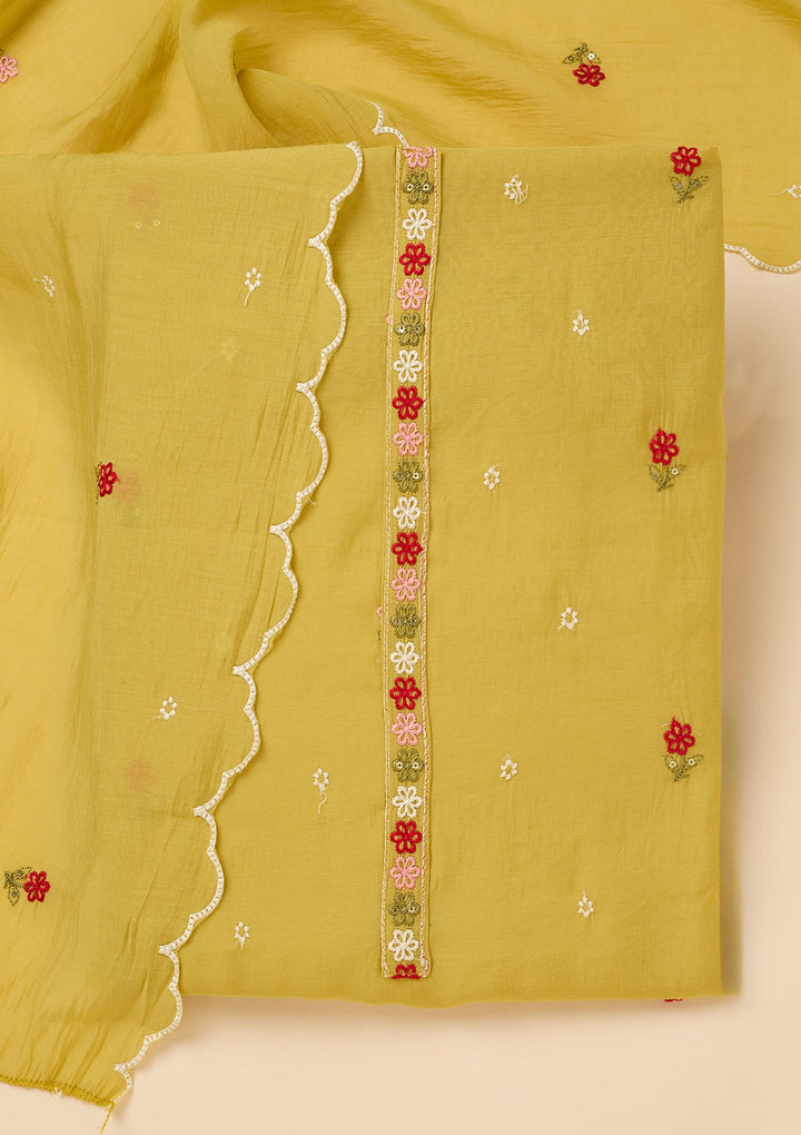 Lemon Yellow Chanderi Threadwork Unstitched Dress Material With Matching Bottom And Dupatta