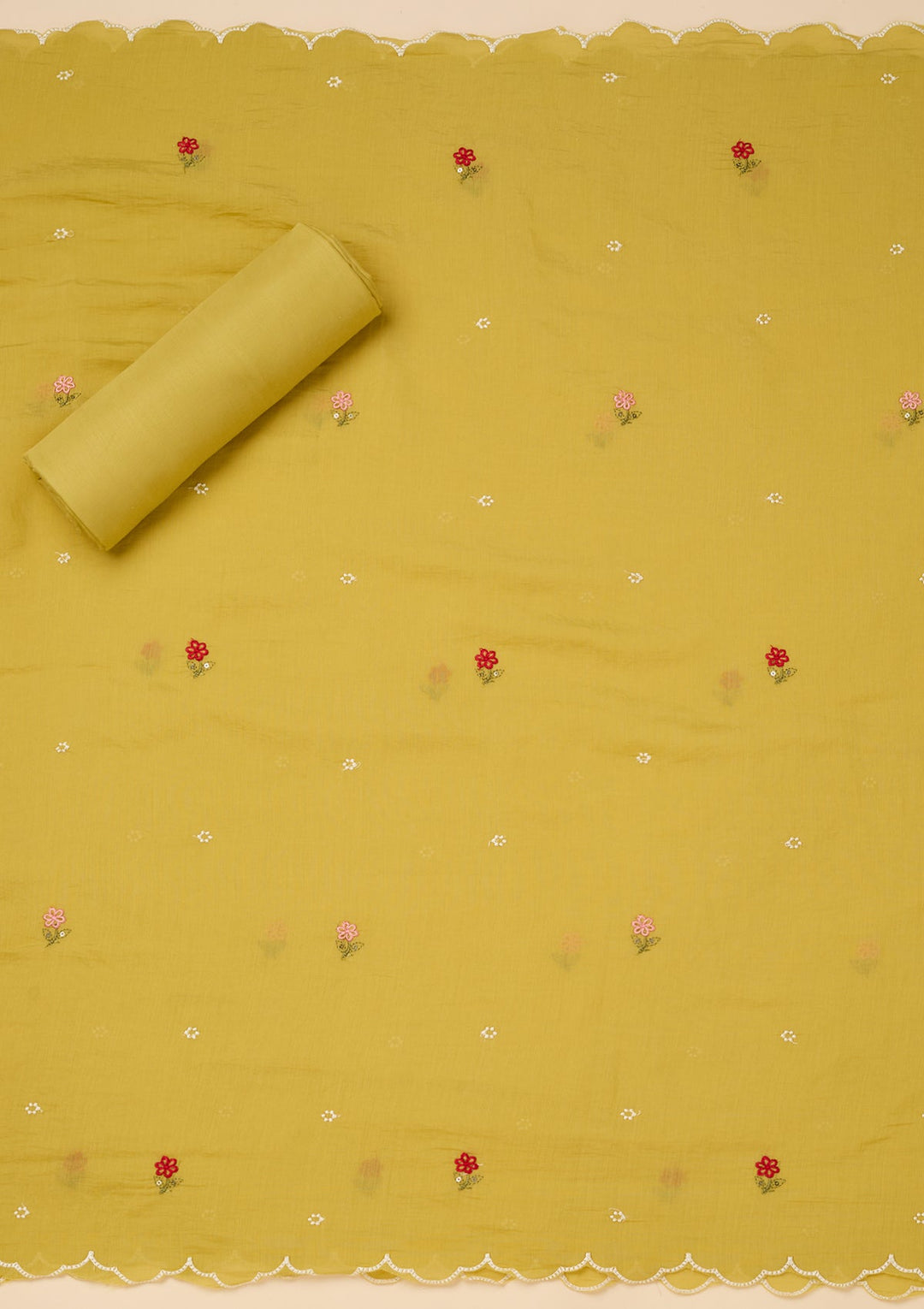 Lemon Yellow Chanderi Threadwork Unstitched Dress Material With Matching Bottom And Dupatta