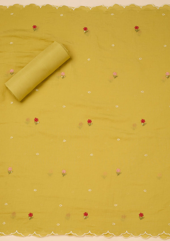 Lemon Yellow Chanderi Threadwork Unstitched Dress Material With Matching Bottom And Dupatta
