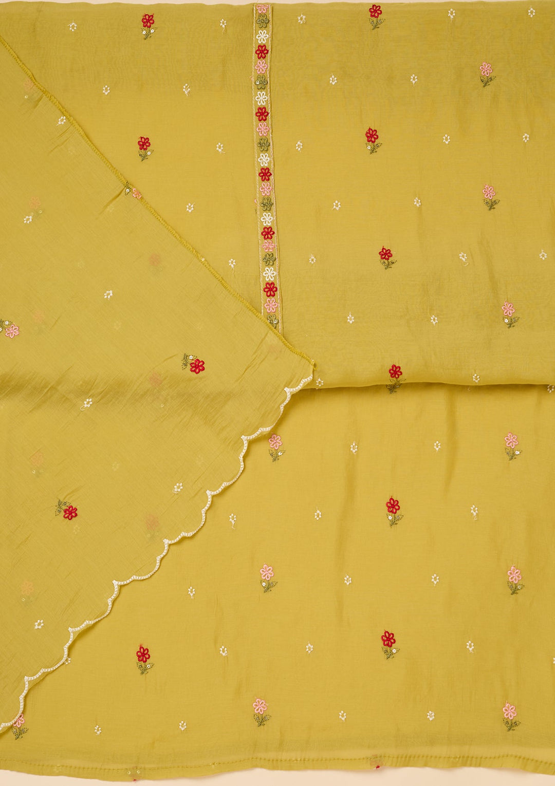 Lemon Yellow Chanderi Threadwork Unstitched Dress Material With Matching Bottom And Dupatta