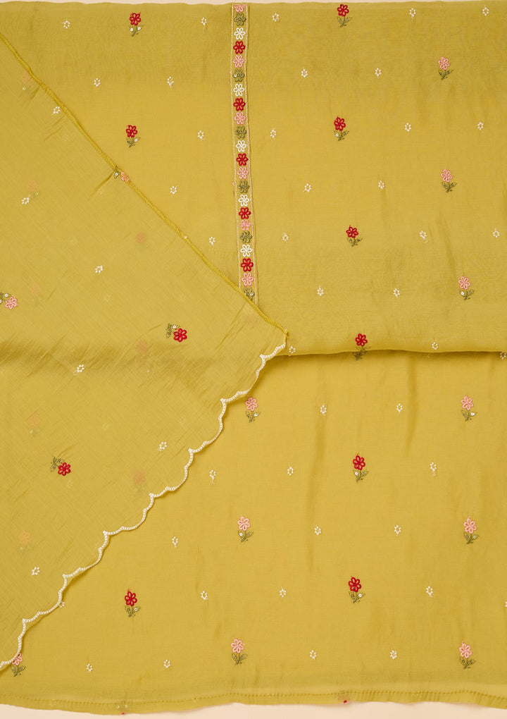 Lemon Yellow Chanderi Threadwork Unstitched Dress Material With Matching Bottom And Dupatta