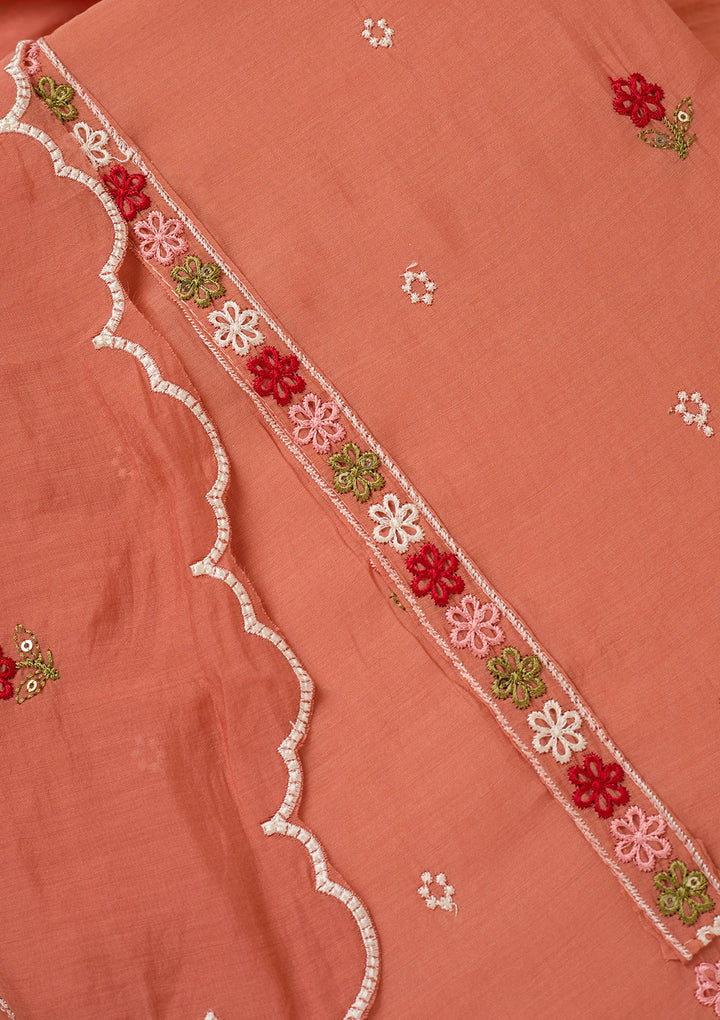 Peach Chanderi Threadwork Unstitched Dress Material With Matching Bottom And Dupatta