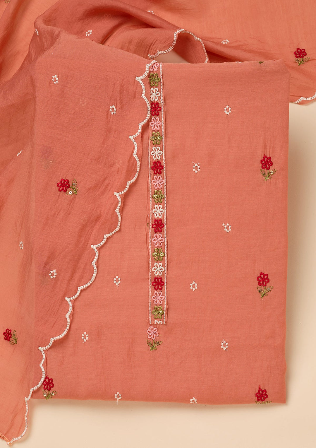 Peach Chanderi Threadwork Unstitched Dress Material With Matching Bottom And Dupatta