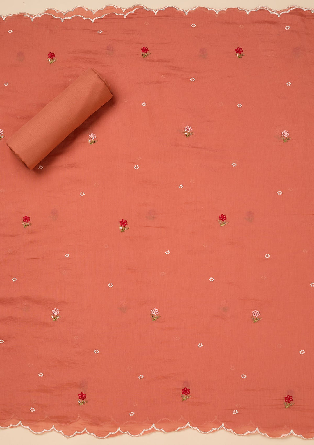 Peach Chanderi Threadwork Unstitched Dress Material With Matching Bottom And Dupatta