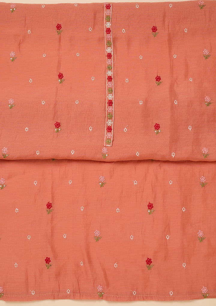 Peach Chanderi Threadwork Unstitched Dress Material With Matching Bottom And Dupatta