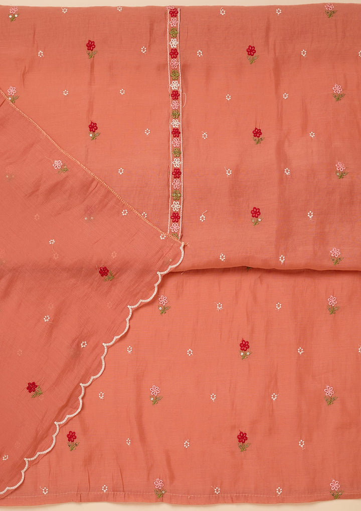 Peach Chanderi Threadwork Unstitched Dress Material With Matching Bottom And Dupatta