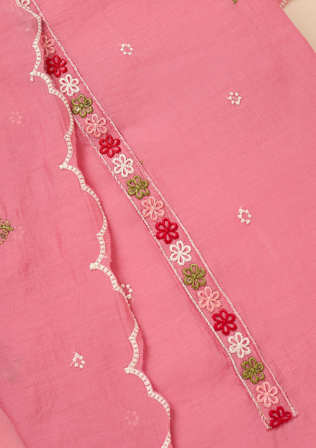 Pink Chanderi Threadwork Unstitched Dress Material With Matching Bottom And Dupatta