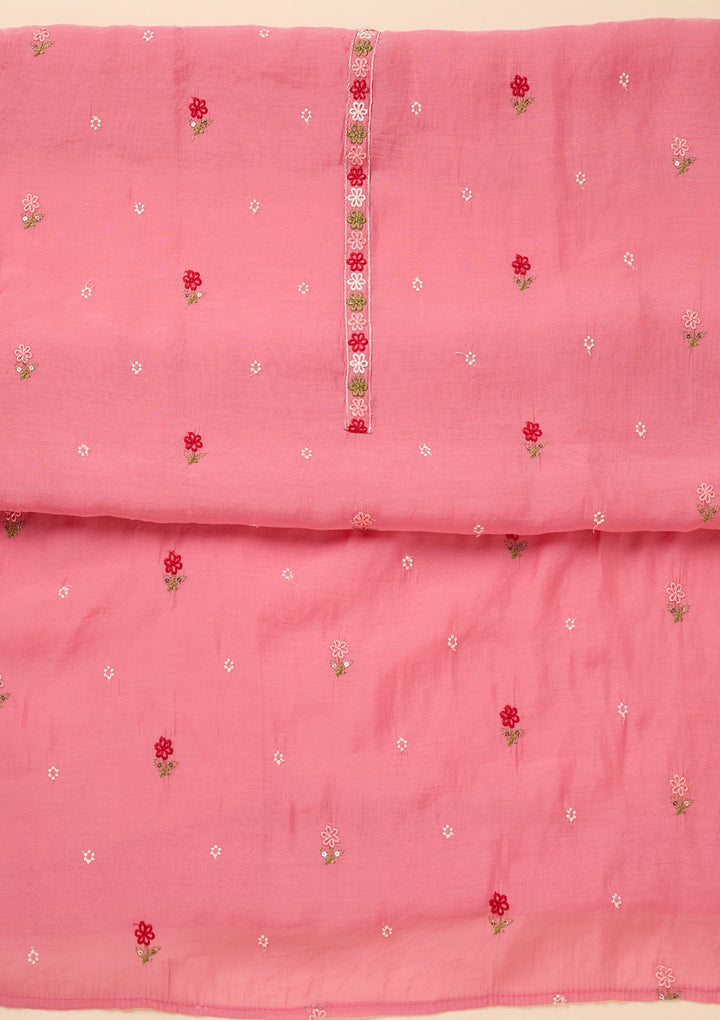 Pink Chanderi Threadwork Unstitched Dress Material With Matching Bottom And Dupatta