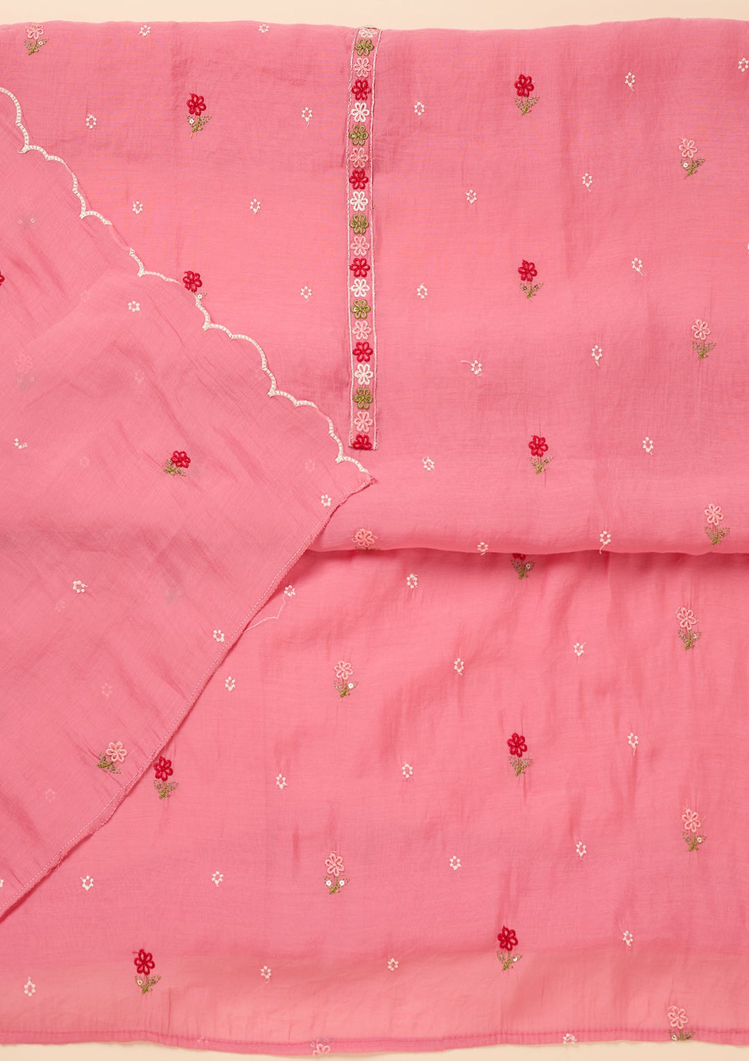 Pink Chanderi Threadwork Unstitched Dress Material With Matching Bottom And Dupatta