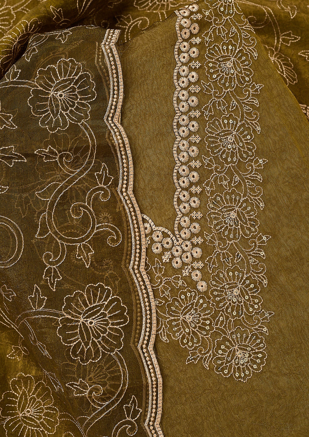 Mehendi Shimmer Threadwork Unstitched Dress Material With Matching Bottom And Dupatta