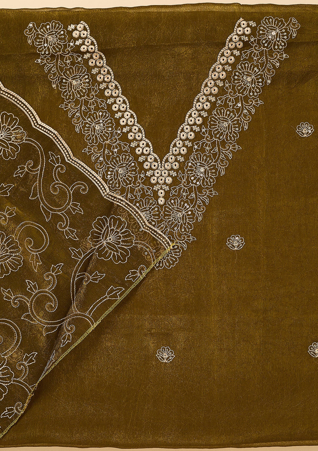 Mehendi Shimmer Threadwork Unstitched Dress Material With Matching Bottom And Dupatta