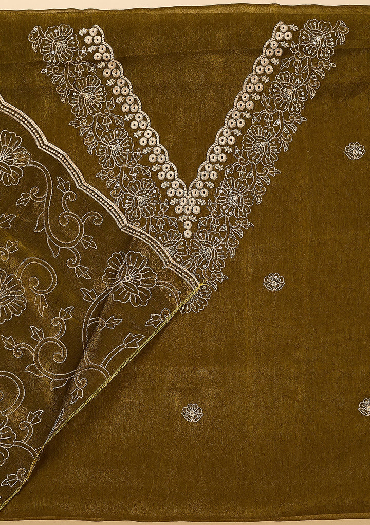 Mehendi Shimmer Threadwork Unstitched Dress Material With Matching Bottom And Dupatta