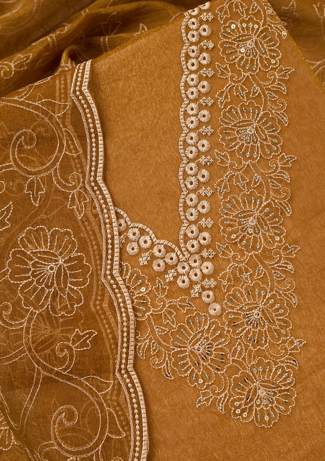 Mustard Shimmer Threadwork Unstitched Dress Material With Matching Bottom And Dupatta
