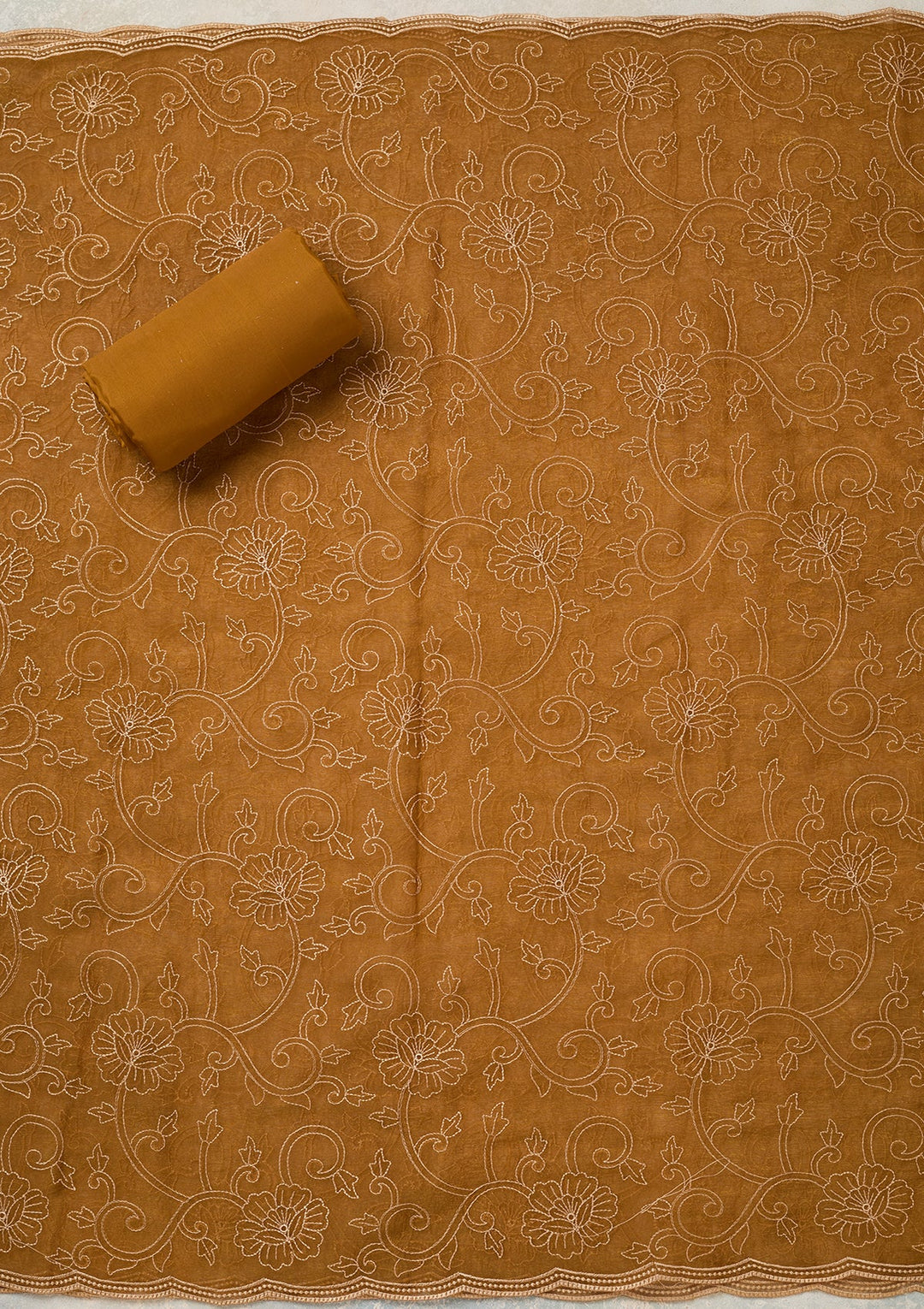 Mustard Shimmer Threadwork Unstitched Dress Material With Matching Bottom And Dupatta
