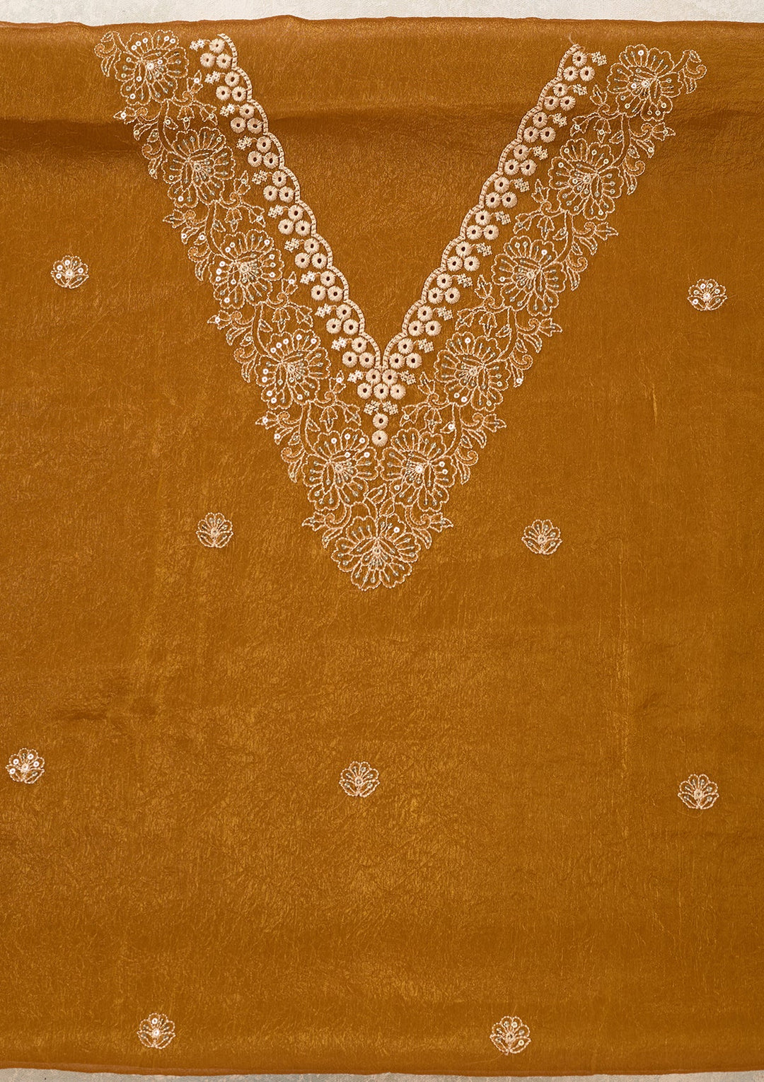 Mustard Shimmer Threadwork Unstitched Dress Material With Matching Bottom And Dupatta