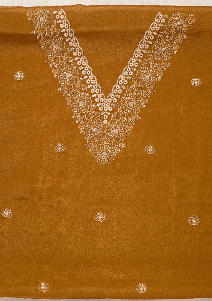 Mustard Shimmer Threadwork Unstitched Dress Material With Matching Bottom And Dupatta