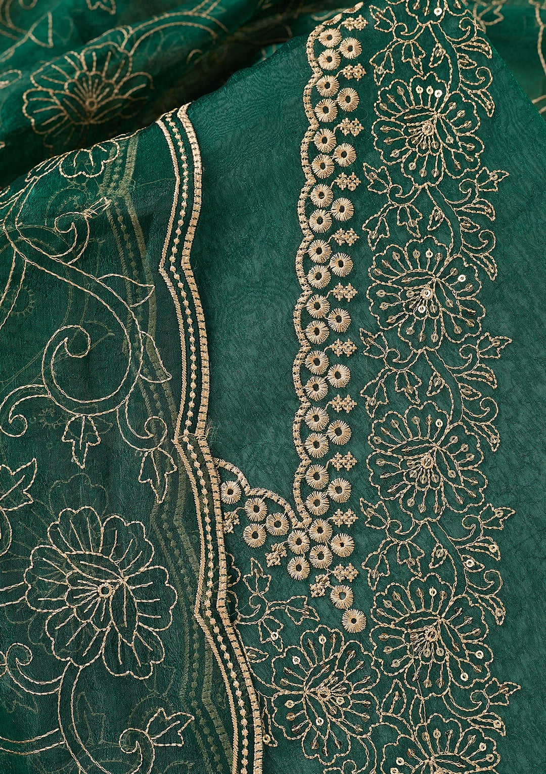 Peacock Green Shimmer Threadwork Unstitched Dress Material With Matching Bottom And Dupatta
