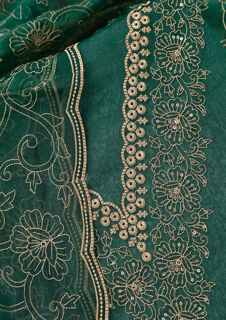 Peacock Green Shimmer Threadwork Unstitched Dress Material With Matching Bottom And Dupatta