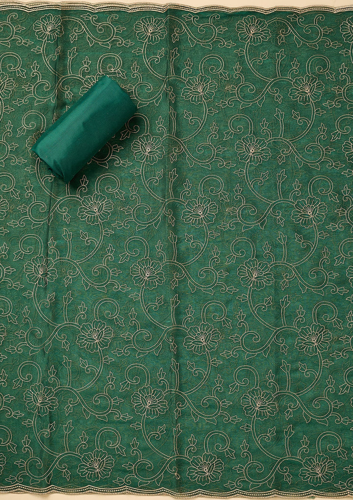Peacock Green Shimmer Threadwork Unstitched Dress Material With Matching Bottom And Dupatta
