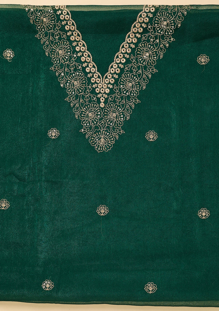 Peacock Green Shimmer Threadwork Unstitched Dress Material With Matching Bottom And Dupatta