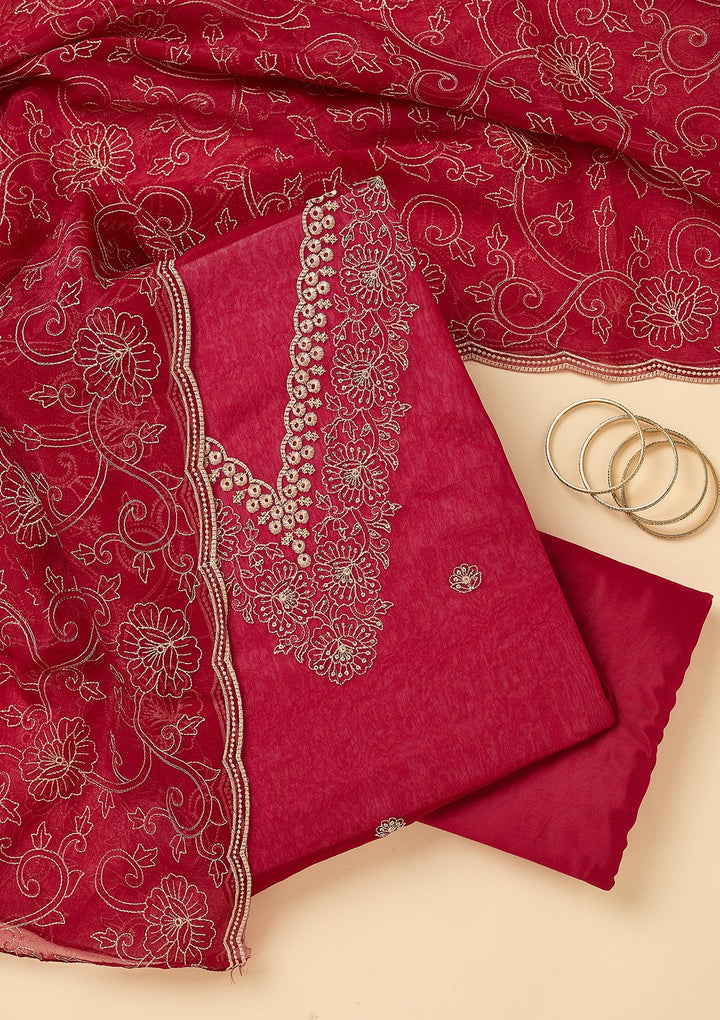 Rani Pink Shimmer Threadwork Unstitched Dress Material With Matching Bottom And Dupatta