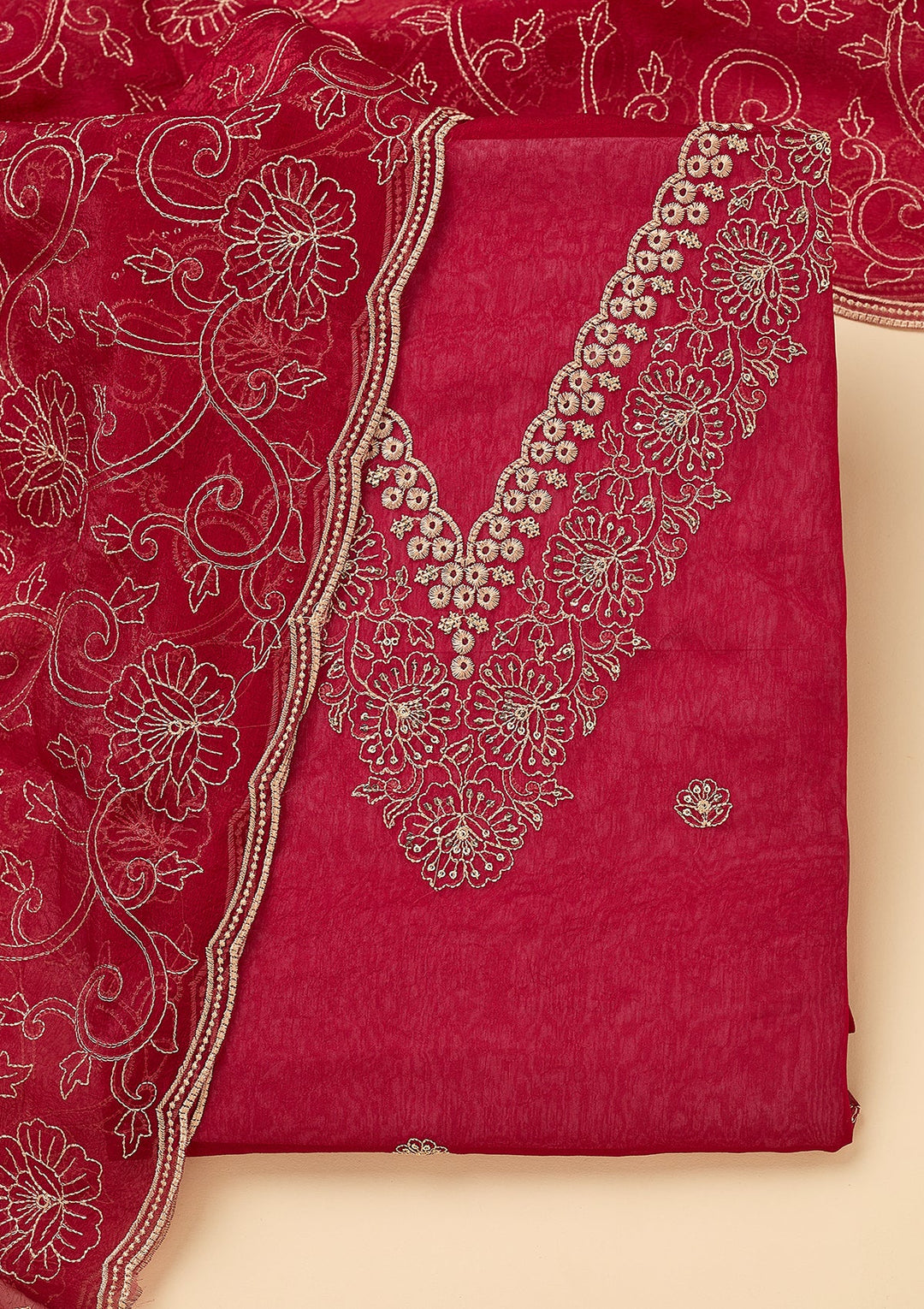 Rani Pink Shimmer Threadwork Unstitched Dress Material With Matching Bottom And Dupatta