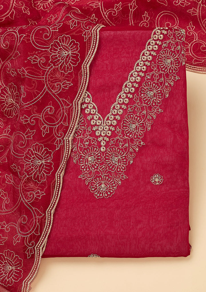 Rani Pink Shimmer Threadwork Unstitched Dress Material With Matching Bottom And Dupatta