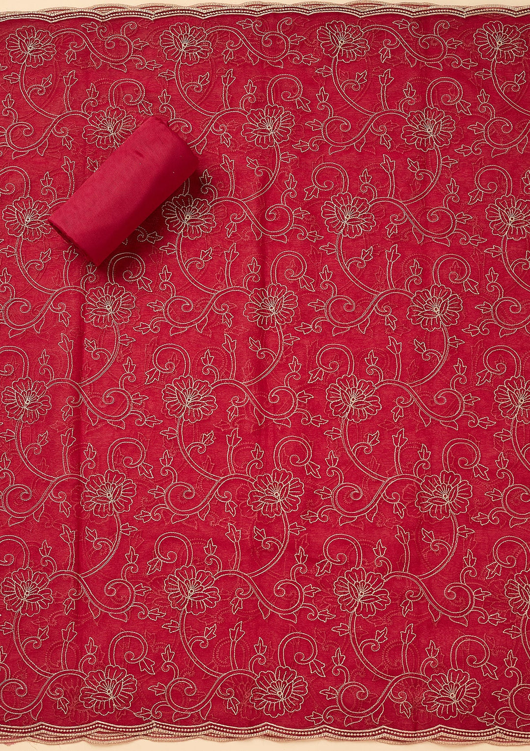 Rani Pink Shimmer Threadwork Unstitched Dress Material With Matching Bottom And Dupatta