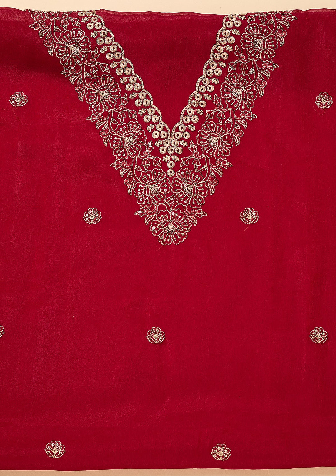 Rani Pink Shimmer Threadwork Unstitched Dress Material With Matching Bottom And Dupatta