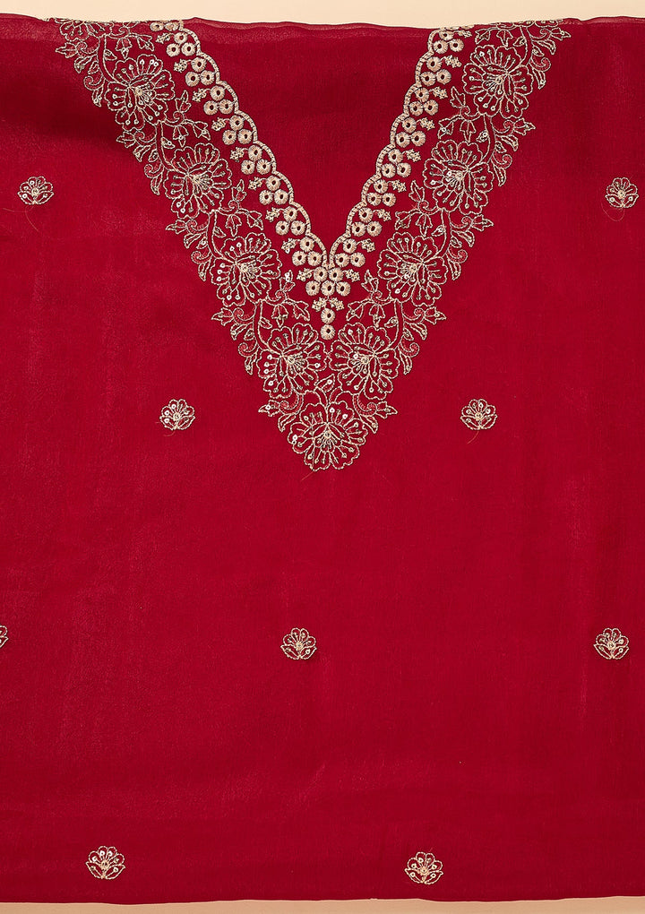 Rani Pink Shimmer Threadwork Unstitched Dress Material With Matching Bottom And Dupatta
