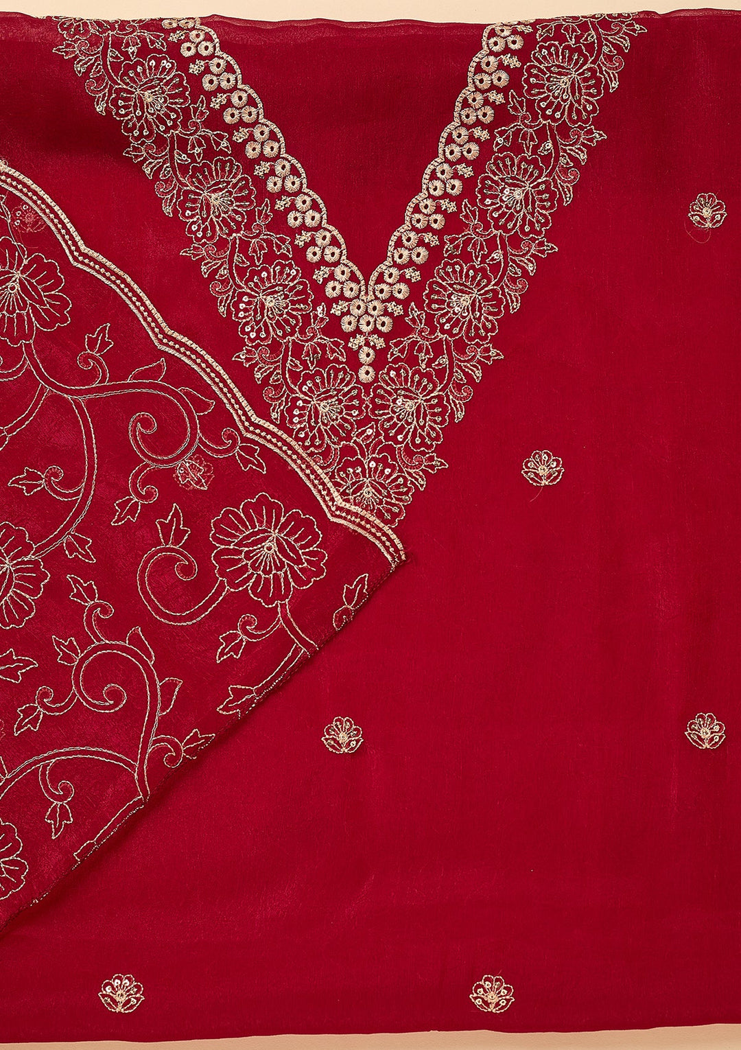 Rani Pink Shimmer Threadwork Unstitched Dress Material With Matching Bottom And Dupatta