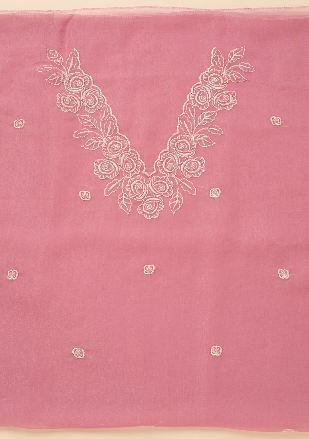 Baby Pink Tissue Threadwork Unstitched Dress Material With Matching Bottom And Dupatta