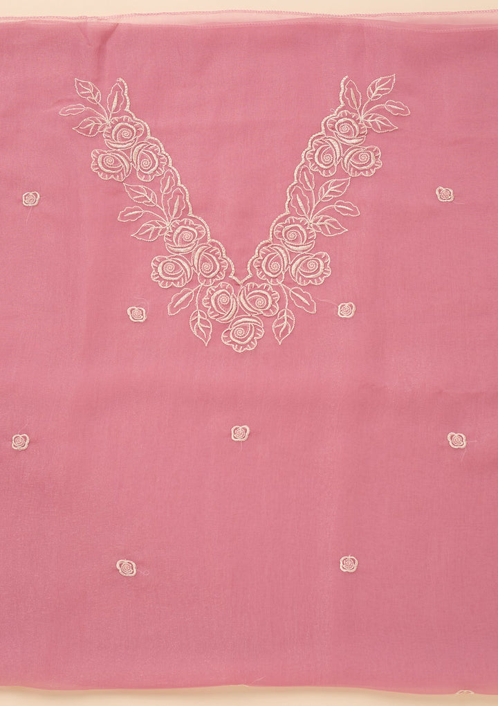 Baby Pink Tissue Threadwork Unstitched Dress Material With Matching Bottom And Dupatta