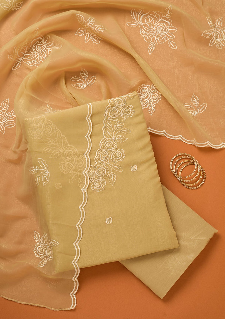 Beige Threadwork Tissue Unstitched Salwar Suit