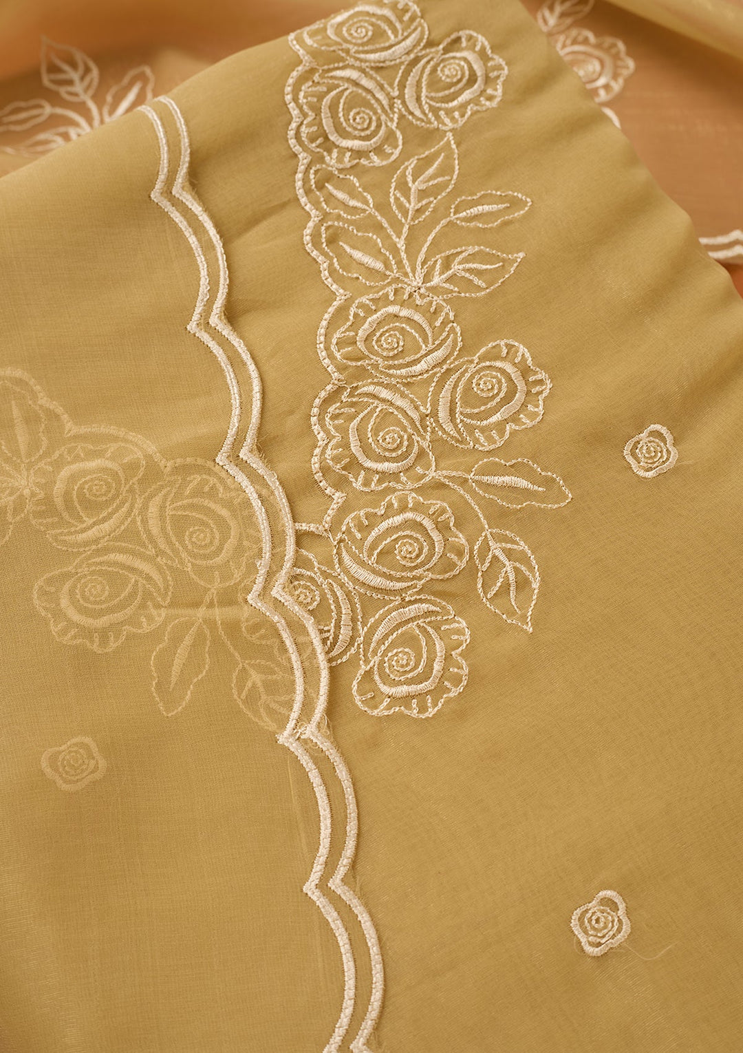 Beige Threadwork Tissue Unstitched Salwar Suit