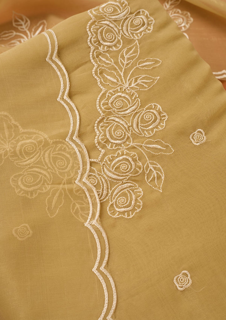 Beige Threadwork Tissue Unstitched Salwar Suit
