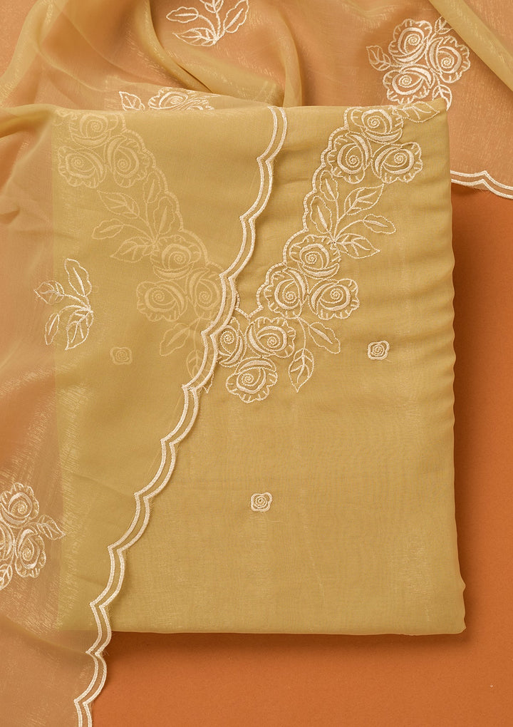 Beige Threadwork Tissue Unstitched Salwar Suit