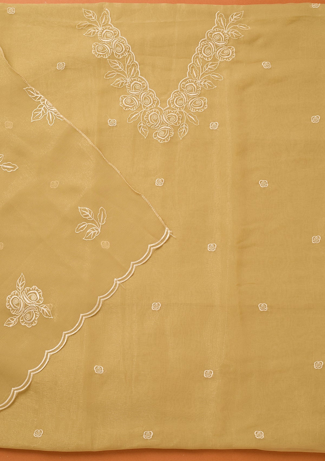 Beige Threadwork Tissue Unstitched Salwar Suit