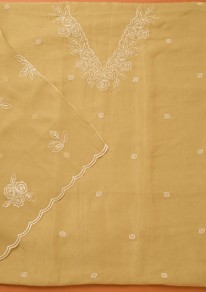 Beige Threadwork Tissue Unstitched Salwar Suit